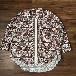 Anthropologie Brown White Floral Button Up Shirt‎ Oversized Boho Tropical Hippie